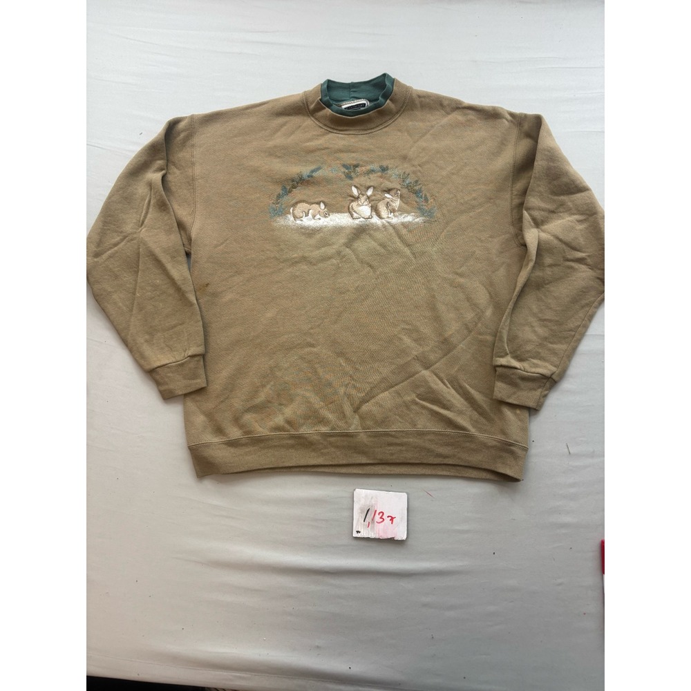 Vintage Lee Heavyweight Bunny Rabbit Sweatshirt Tan Teal Mock Neck USA Large